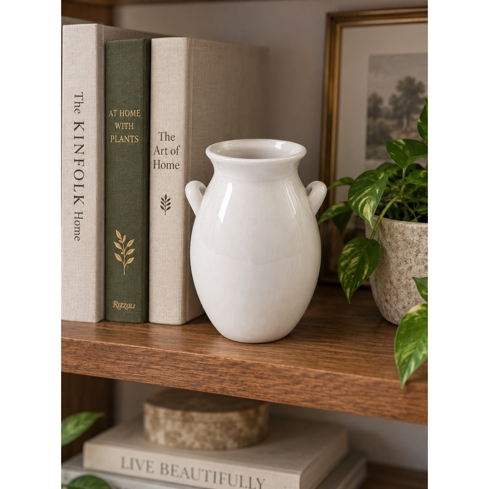 Vintage White Ceramic Amphora Vase Urn 7" Farmhouse French Country Handles